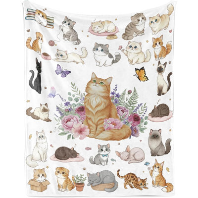 Cats Blanket Floral Flower Flannel Throw Blankets Cat Gifts for  Kids Cat Lover, Cats Cartoon Animals Blankets for Sofa Couch Bed Decor (60"x80")