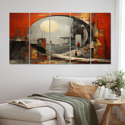 Orange Tunnel Surreal Passage Collage - Architecture Wall Decor - 5 Equal Panels