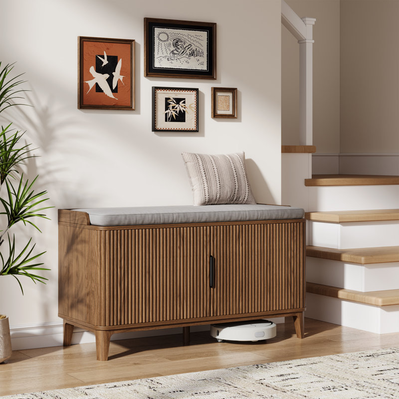 39.4" Fluted Shoe Cabinet Storage With Bench, 2-tier Entryway Bench With Adjustable Shelves And Detachable Cushioned Seat