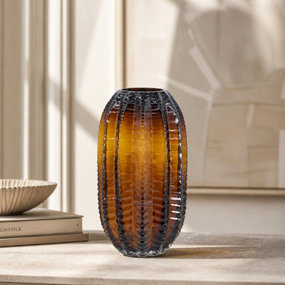D6x11" Textured Cylindrical Glass Vase with Amber Finish