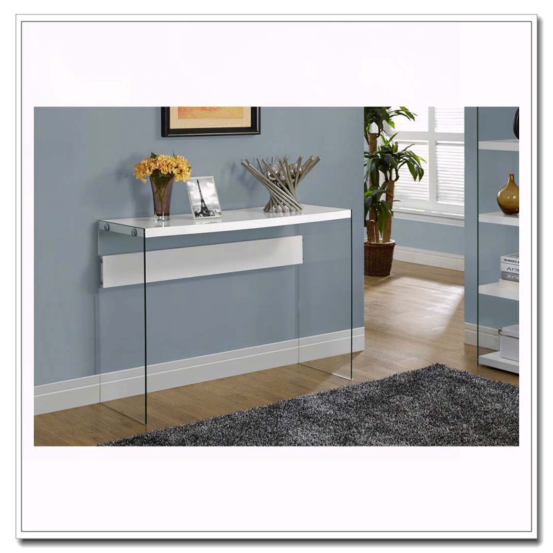 Table d'appoint, console, vestibule, étroit, canapé, salon, chambre à coucher, stratifié blanc brillant, verre trempé transparent, contemporain, moderne
