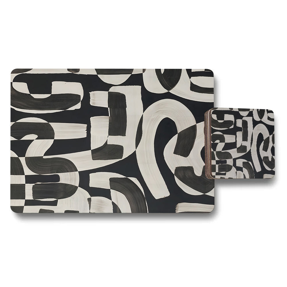 Abstract Black And White Placemats And Coaster Set With Modern Design