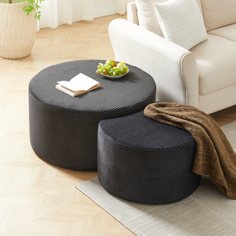 Table basse gigogne moderne en mousse de 2 personnes, table ronde et d'appoint rembourrée, conception sans assemblage, velours côtelé noir avec mousse, peu encombrant, nécessaire, rembourré, multiples possibilités d'application