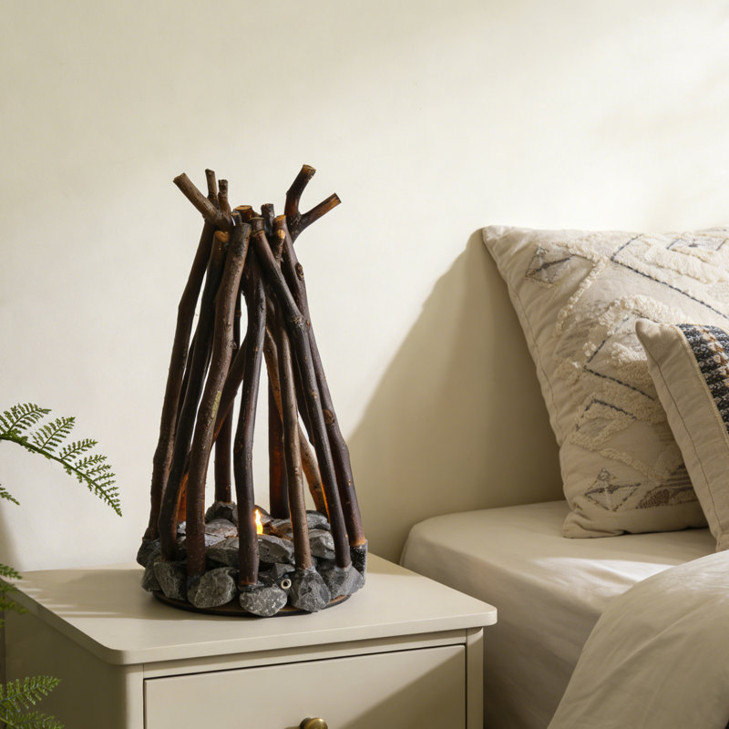 Lampe de foyer rustique avec branches et accents en pierre, piles à interrupteur tactile incluses alimentées par USB