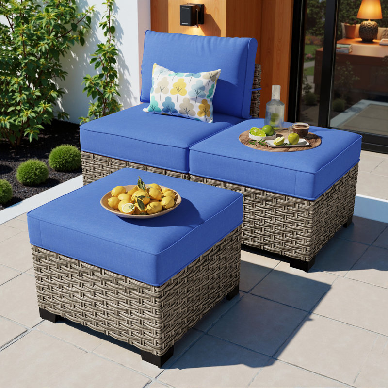 Outdoor Wicker Outdoor Lounge Chair With Ottoman,  3-Piece Outdoor Seating Set, Navy