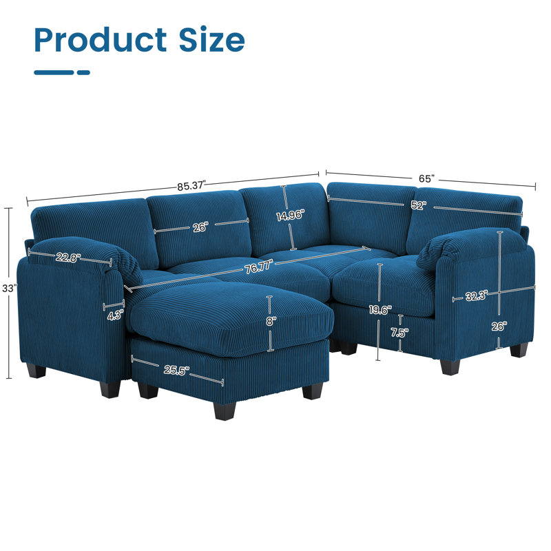 Canapé modulaire réversible 5 pièces avec repose-pieds 5 pièces, Velours côtelé bleu marine