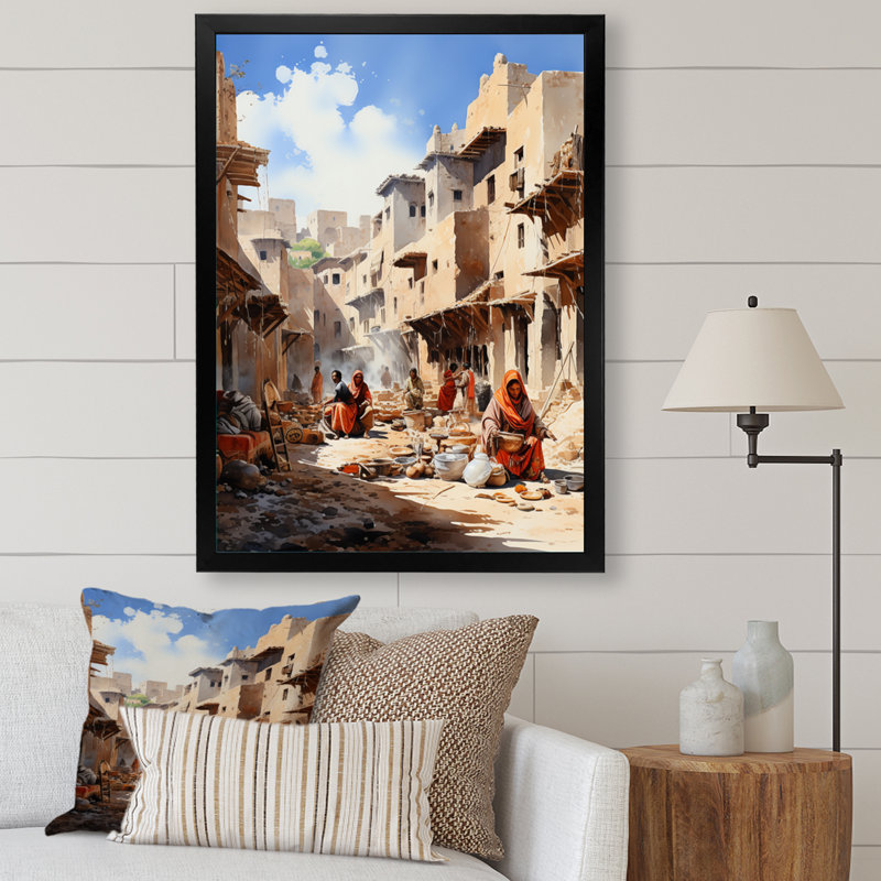 Tribu africaine, marché berbère I - reproduction sur toile, Toile encadrée noire simple, H 20 po x l 12 po x P 1 po
