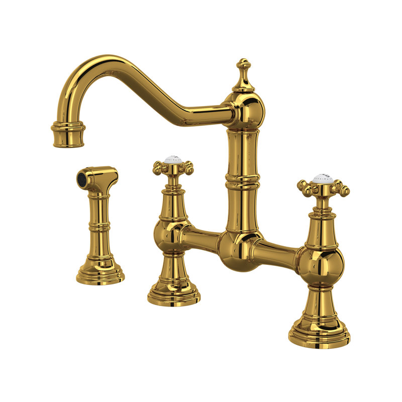 Edwardian Bridge Kitchen Faucet With Side Spray, Unlacquered Brass, Cross