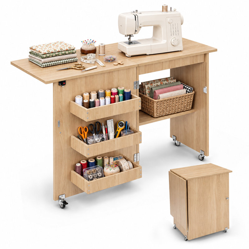 Folding Sewing Table with Storage, Natural Wood