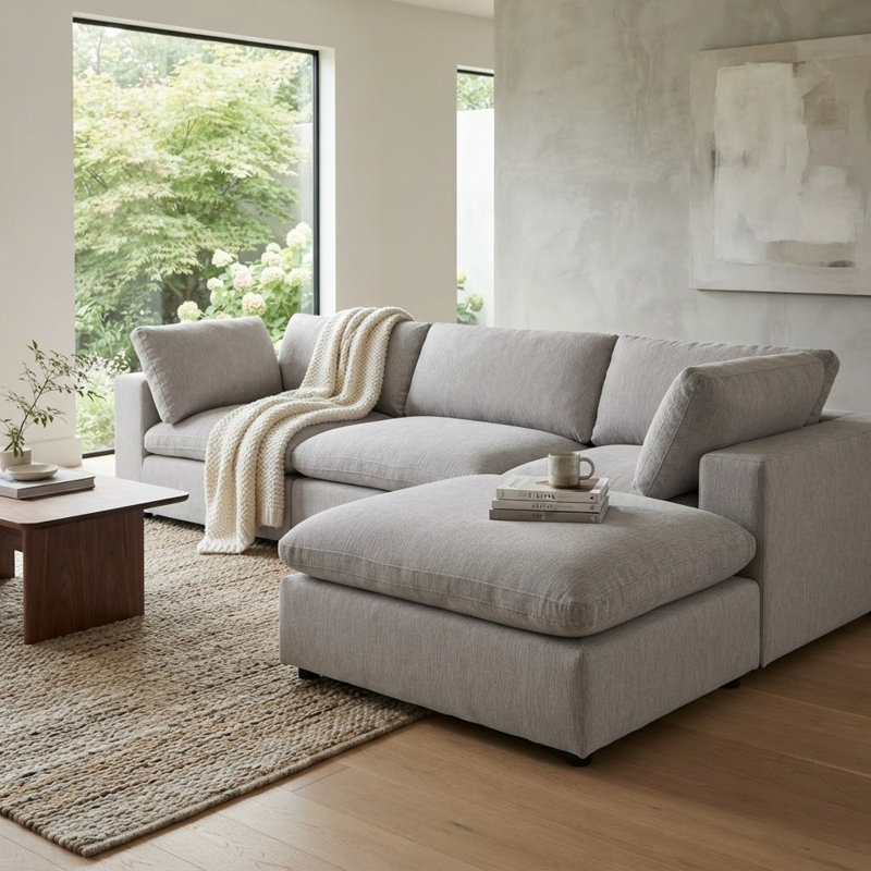 Canapé modulaire rembourré avec repose-pieds 4 pièces Nuccio, Chenille gris pâle