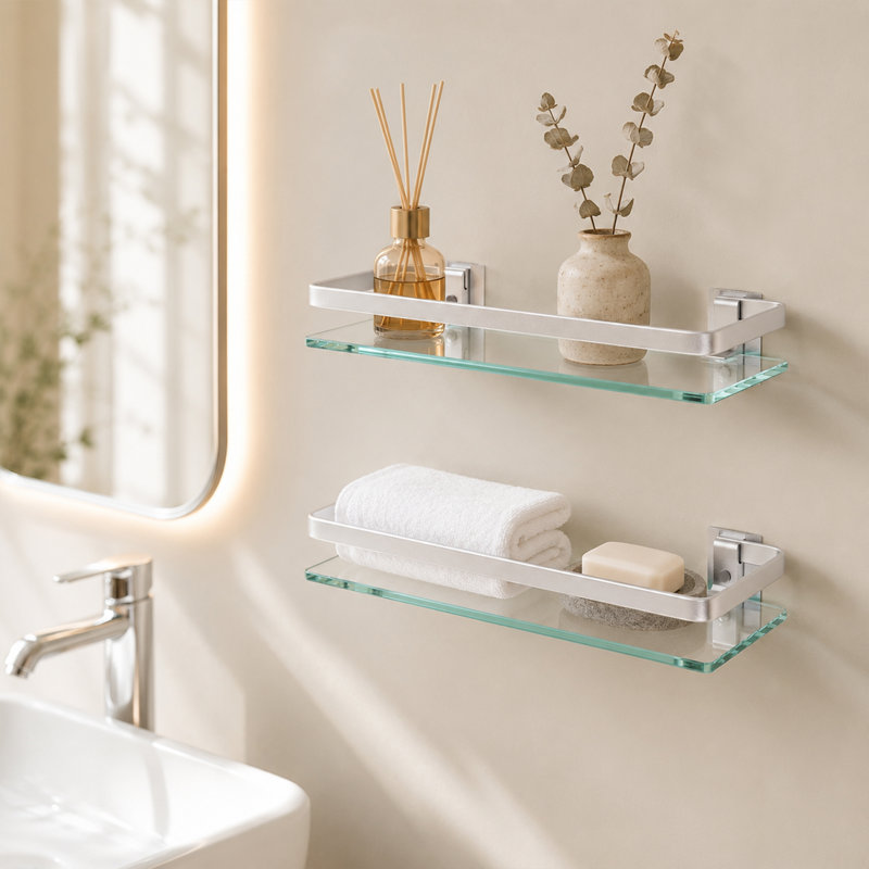 Tablette flottante en acier inoxydable et verre Keyarra (2 pièces), Argent argent