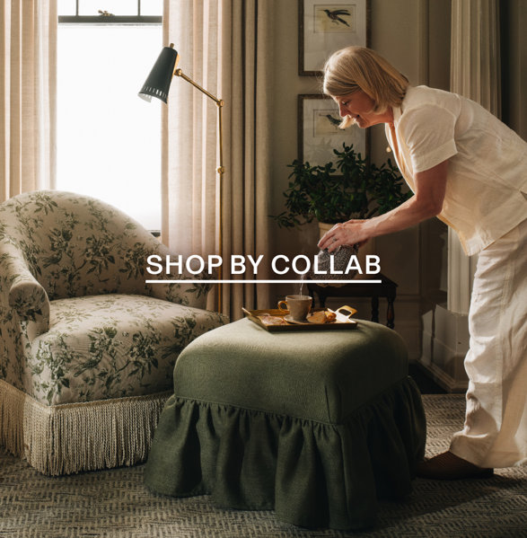 A woman pouring tea in a cozy living room with a floral armchair and a green ruffled ottoman, with the text Shop by Collab overlaid.