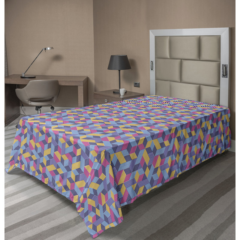 Drap plat moderne de style bohème Ambesonne, Drap plat pour lit simple TG, Jaune terre / motif géométrique bleu azur