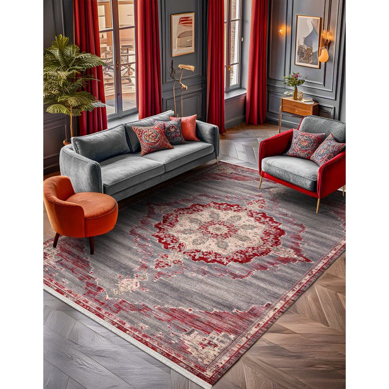 Marisol Burgundy Beige Gray Oriental Machine Printed Cotton Polyester Area Rug, Runner 4' x 9'11"
