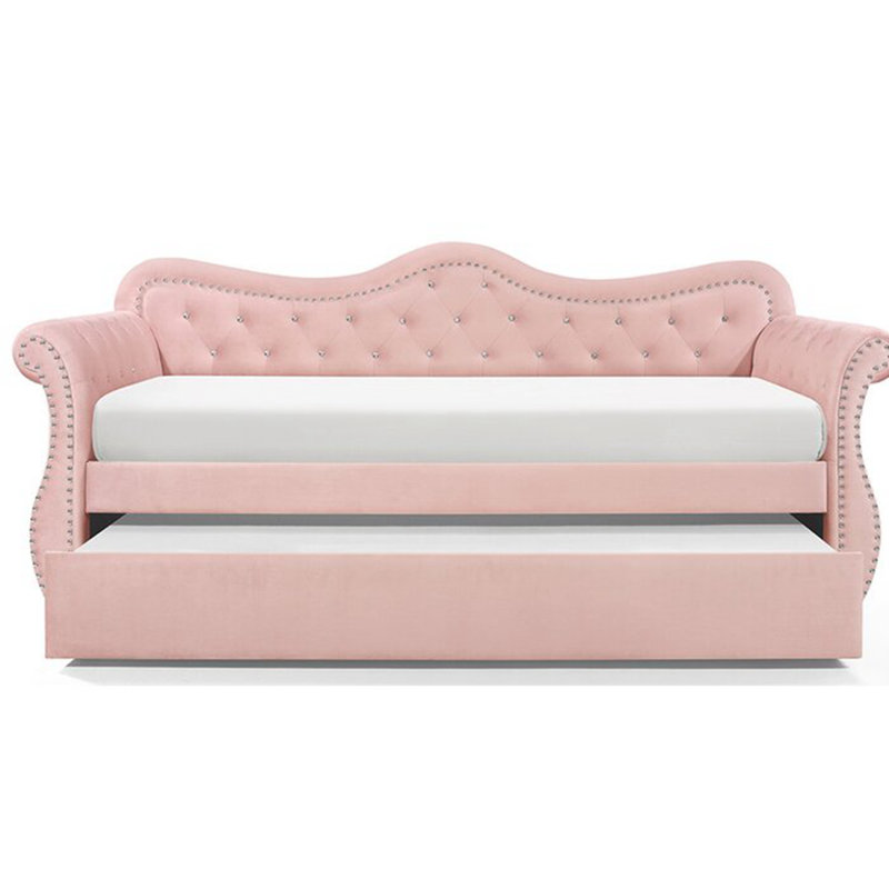 Upholstered Velvet Daybed with Trundle Bed, Pink