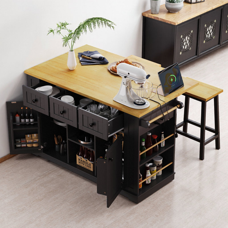 53" Large Kitchen Island - Drop Leaf, Power Outlet, Internal Storage Rack, Rolling Cart with 5 Open Side Racks, Black