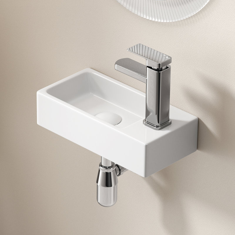 Lavabo de salle de bain mural rectangulaire en céramique blanc 14,57 "x 7,09" avec robinet et bonde Topcraft - Côté droit