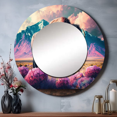 Orhideja Buffalo avec paysage - miroir mural décoratif brun, miroir rond moderne, impression d'art en métal