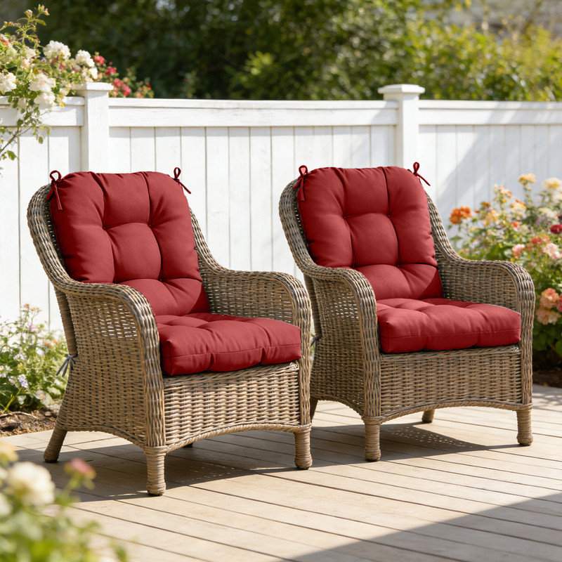 2 Piece 4" Thick Chair Cushion Indoor and Outdoor Seat / Back Cushions with Straps, Red