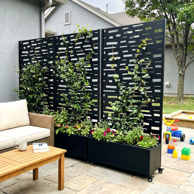 Metal Planter Box with Trellis with Wheels, 72" H x 35" W x 16" D, Black