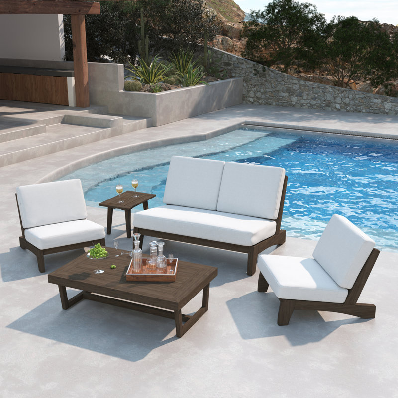 Polett Outdoor Conversation Set Solid Wood Group With Armless Chair And Loveseat And Coffee Table, Beige, Brown