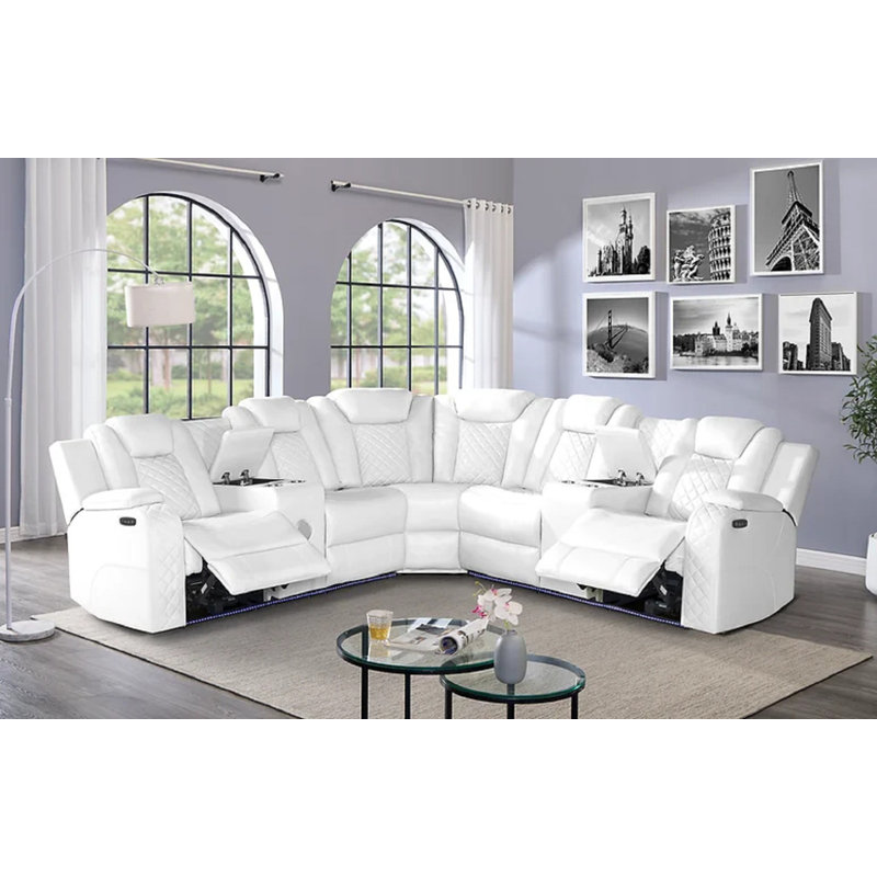 Hendrina Power Reclining Sectional With Bluetooth, White Faux Leather