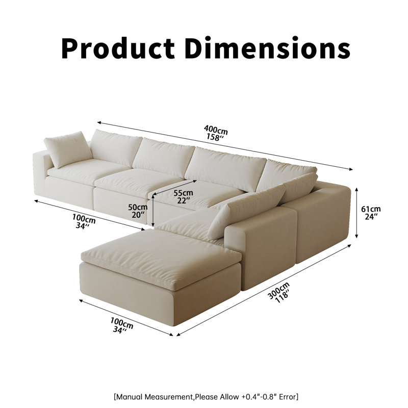 157" Oversized Modular Boneless  Cloud Couch with Ottoman, No-Assembly Required for Living Rooms, White