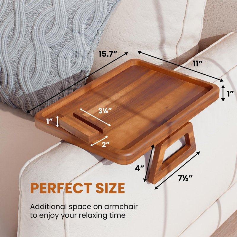 Acacia Couch Arm Table With Phone Holder - Wooden Sofa Armrest Tray - Clip-on Tray For Wide Couch - Side Table For Eating & Drink