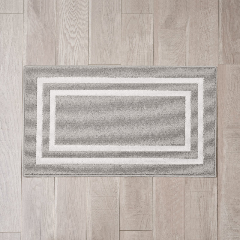 Double Border Machine Tufted Performance Light Gray/White Rug, Rectangle 2'2" x 3'9"