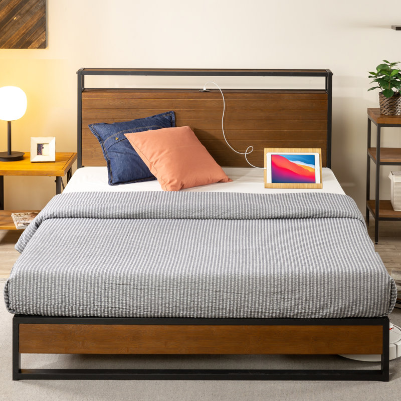 Cara Platform Bed Frame with Wood Slatted Headboard and USB Charge, Kingsize (5')