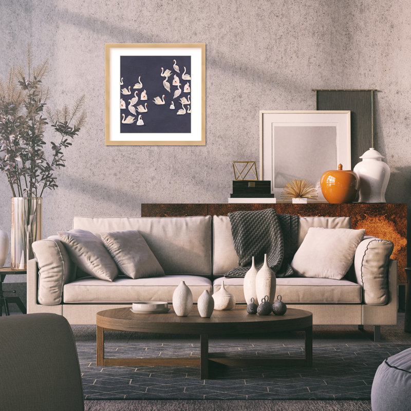 Nature Inspired Modern Ensemble: Swan Serenade, 16" H x 16" W, Tan, Framed Matted Print