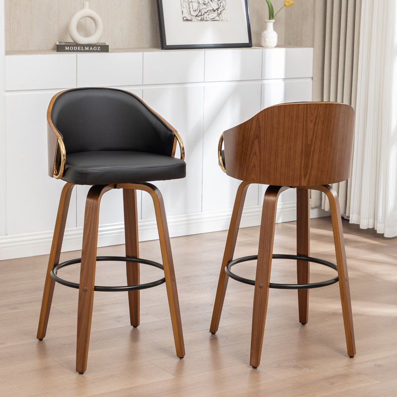 Mahtab Modern Set Of 2 Swivel Bar Stools With PU Upholstery And Wood Legs, Black, Counter Stool (25" Seat Height)