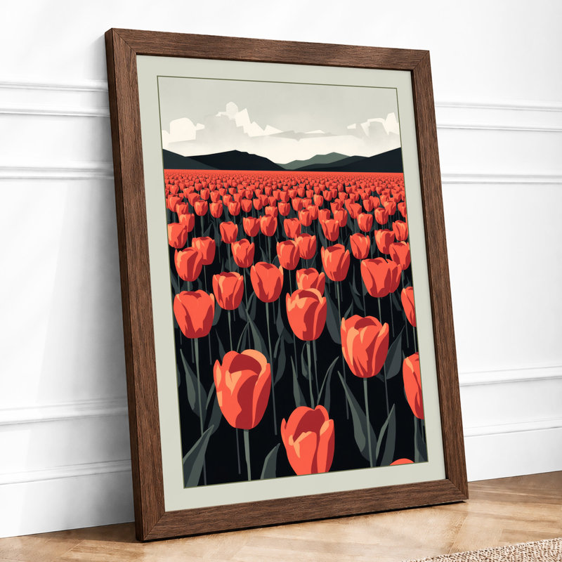 Red Tulips At Dusk Botanical - Print, Walnut, A3 - 42.0 x 29.7 cm