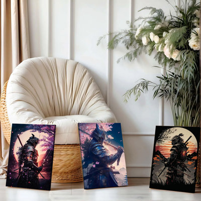 3 PCS, art mural encadré, Samurai Warrior, ensemble d'art mural sur toile de 3 armures traditionnelles japonaises avec fleur de cerisier, lune, paysage, peinture pour salon, chambre à coucher, bureau, décoration moderne, affiche