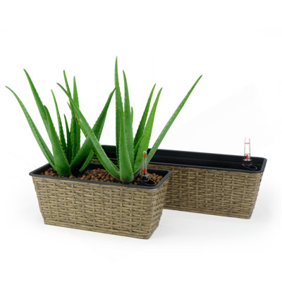 Ensemble de 2 pots à fleurs rectangulaires intelligents pour l'intérieur et l'extérieur - Osier tissé à la main - Brun