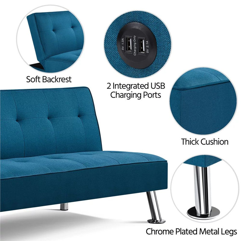 66'' Faux Leather Convertible Sofa, Blue Faux Leather