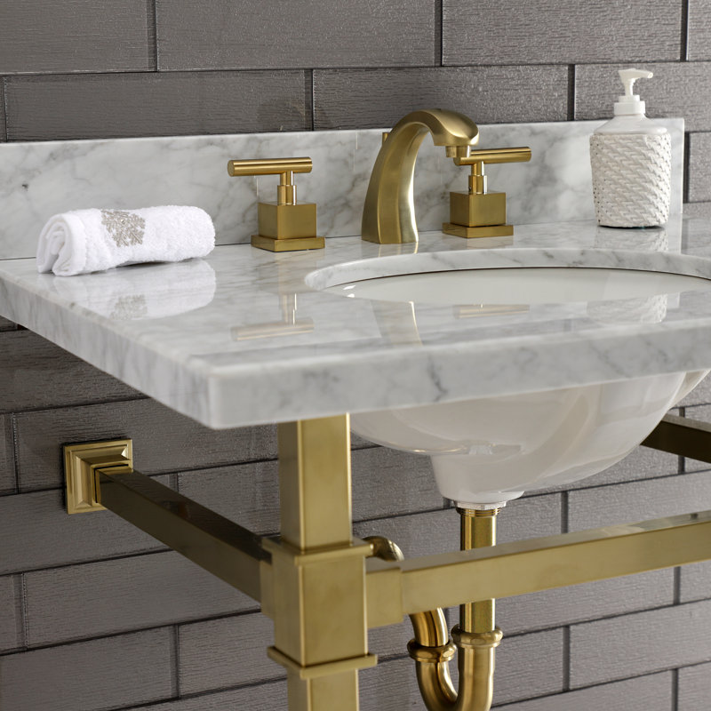 Lavabo console en marbre Carrara 30 pouces avec pieds en acier inoxydable Kingston Monarch Kingston (8 pouces, 3 trous)