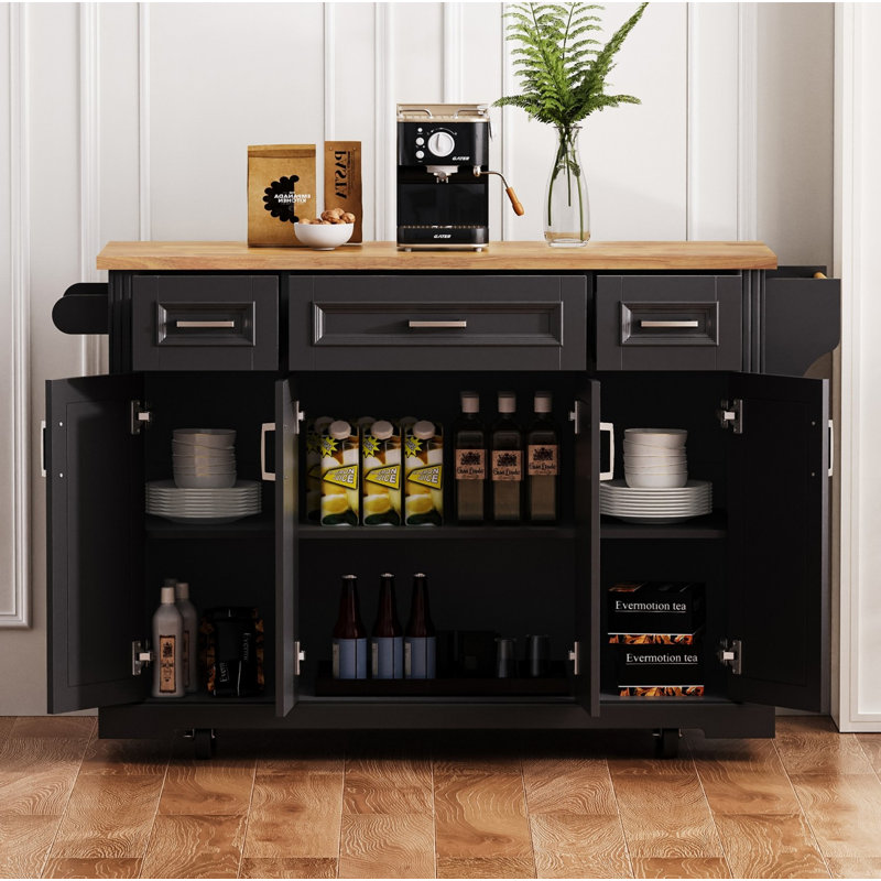 54inch Large Kitchen Island with Rubber Wood Drop Leaf, Embossed Texture Rolling Kitchen Cart on 4 Wheels with 4 Doors and 3 Drawers, Kitchen Island with Storage for Kitchen, Dining Room