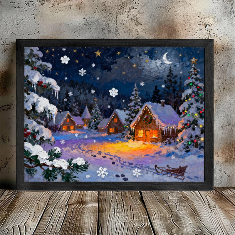 Impression sur toile encadrée noire, village de Noël impressionniste, nuit d'hiver enneigée, H 37 po x l 25 po