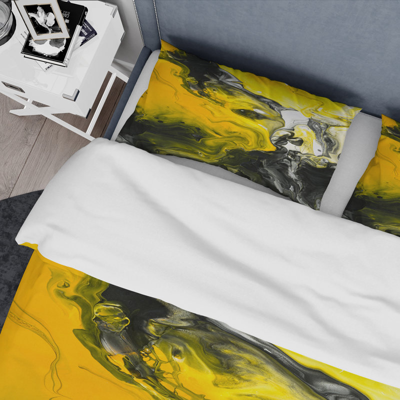 Marbré de noir, blanc et jaune - Ensemble de housse de couette moderne - Microfibre de polyester
