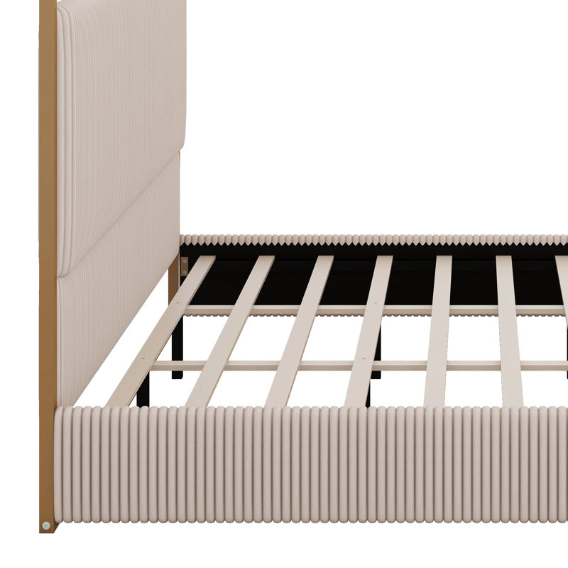 Modern Luxury Metal Canopy Bed With Tall Upholstered Headboard And Four Poster, Queen, Gold/Beige