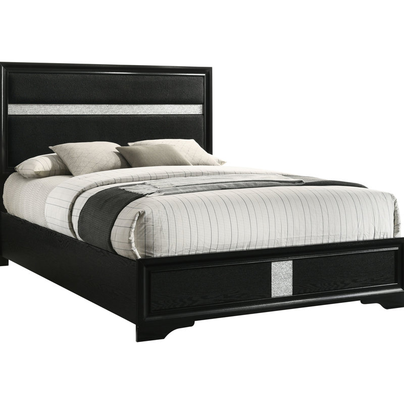 Grand lit à panneau tapissier noir, style contemporain, accent étincelant sur la tête de lit, moderne, lit bas et design pour grand lit, finition, profil rayé, moderne