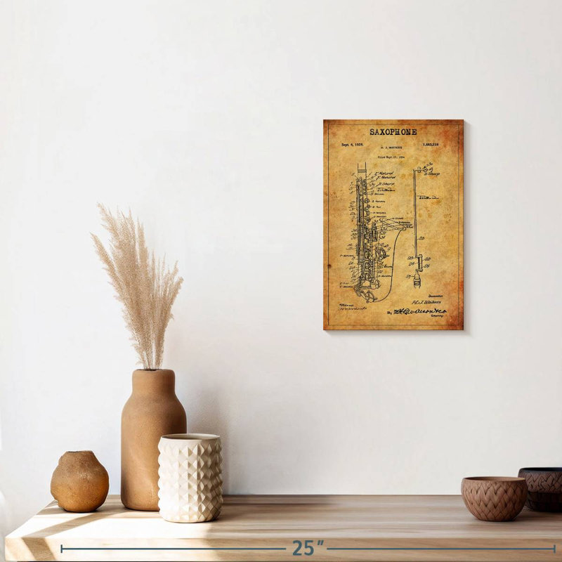 Brevet de saxophone sur toile, H 12 po x l 8 po x P 1 po