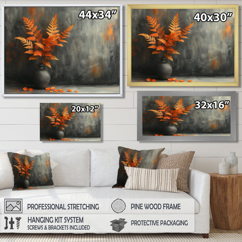 Fougère orange, gris, charme rustique - fougères, art mural, H 30 po x l 40 po x P 1,5 po