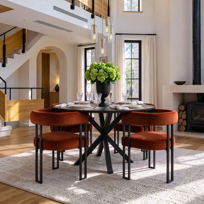 4- Person Dining Table Sets With Round Table & 4 Upholstered Velvet Armchairs