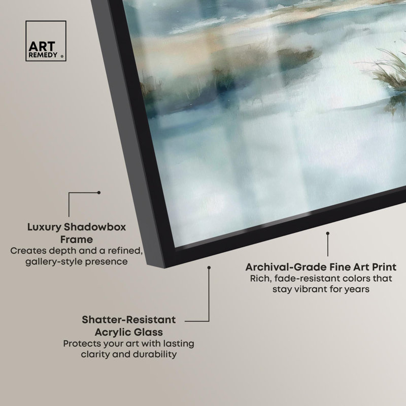 «Hazy River I Landscape Art Shadowbox Print» par Art Remedy, H 11 po x l 16 po, Noir