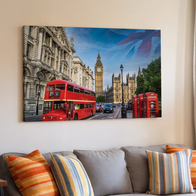 Reproduction d'art sur toile, "Collage vibrant" représentant des éléments emblématiques de Londres avec art mural classique