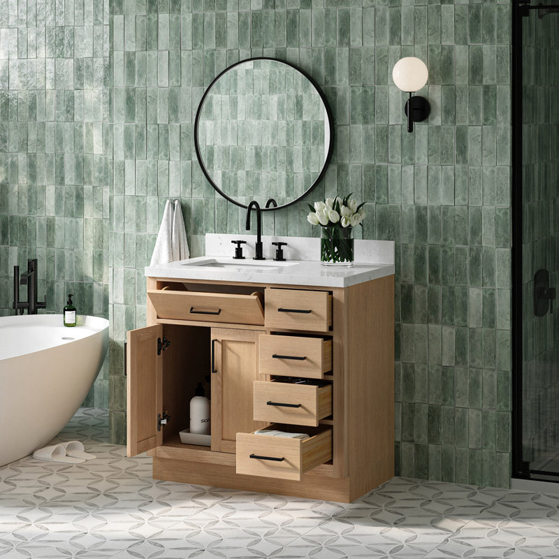Meuble-lavabo simple en bois massif 36 po Tidworth avec plateau en quartz Carrara de 1,5 po, Gauche, Forme rectangulaire