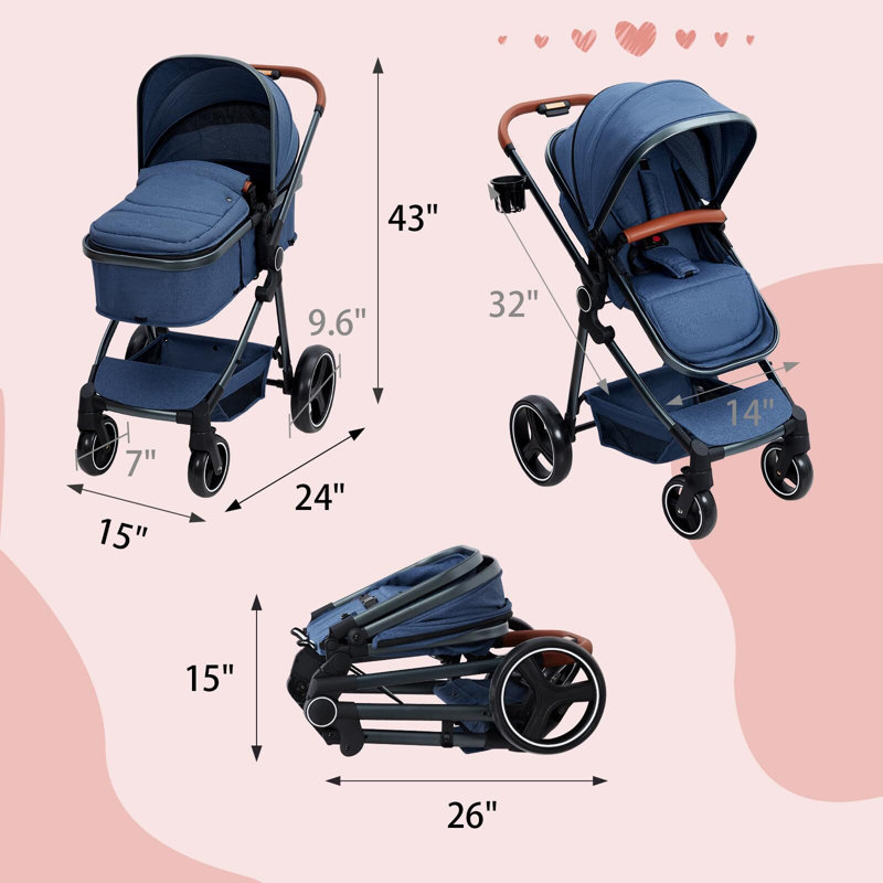Poussette convertible pour bébé, poussette réversible 3 en 1 pour nouveau-né, Bleu