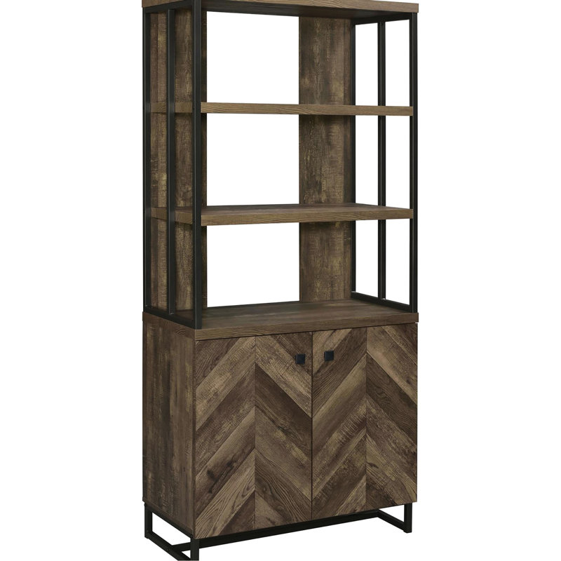 Bibliothèque rustique à chevrons au fini chêne, 3 tablettes ouvertes et armoire à 2 portes